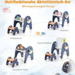 6 in 1 Kindertisch mit Stuhl & Doppelseitiger Abnehmbarer Tischplatte & 66 Bausteine Spieltisch