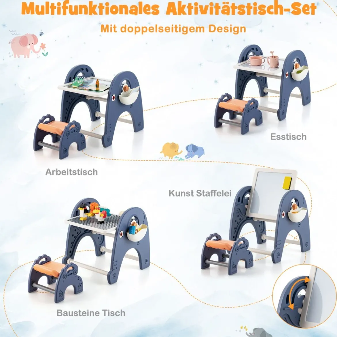 6 in 1 Kindertisch mit Stuhl & Doppelseitiger Abnehmbarer Tischplatte & 66 Bausteine Spieltisch