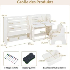 4 in 1 Kinder Tisch Stuhl Set Kindertisch mit Bücherregalen & Whiteboard & 2 Aufbewahrungsboxen Maltisch