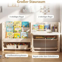 4 in 1 Kinder Tisch Stuhl Set Kindertisch mit Bücherregalen & Whiteboard & 2 Aufbewahrungsboxen Maltisch