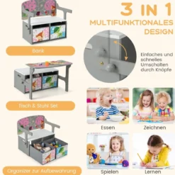 3 in 1 Kinder Tisch & Stuhl-Set mit 2 Abnehmbaren Stoffkörben zum Malen & Spielen & Lernen Grau