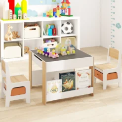 4 in 1 Kinder Tisch- & Stuhl-Set mit Doppelseitigen Tischplatten & Seitlichen Bücherregalen Natur