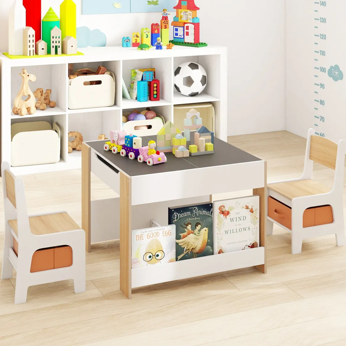 4 in 1 Kinder Tisch- & Stuhl-Set mit Doppelseitigen Tischplatten & Seitlichen Bücherregalen Natur