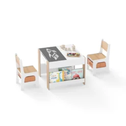 4 in 1 Kinder Tisch- & Stuhl-Set mit Doppelseitigen Tischplatten & Seitlichen Bücherregalen Natur