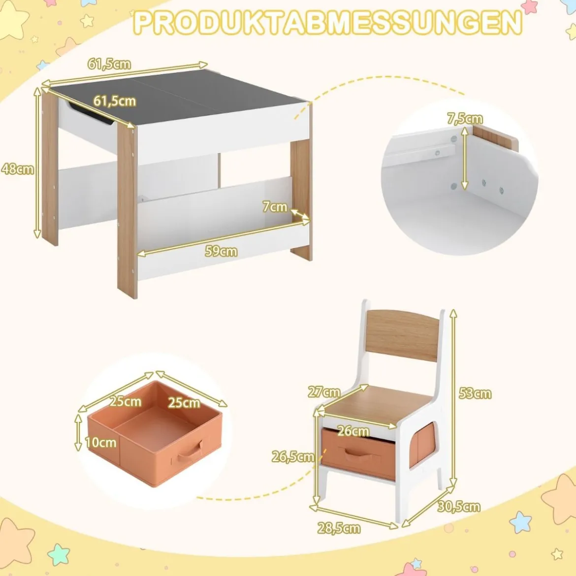 4 in 1 Kinder Tisch- & Stuhl-Set mit Doppelseitigen Tischplatten & Seitlichen Bücherregalen Natur