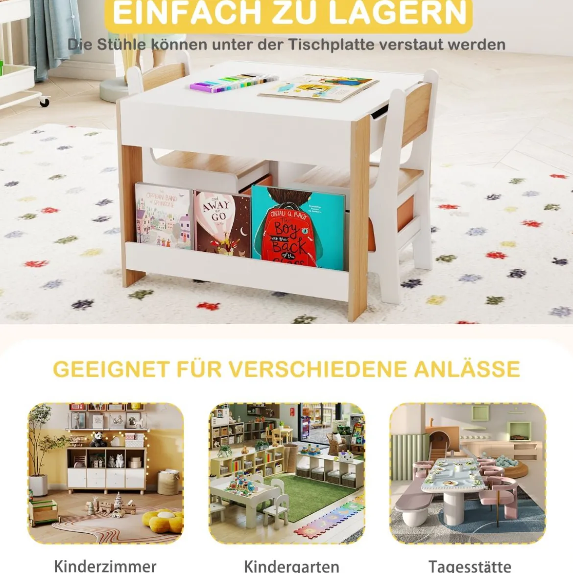 4 in 1 Kinder Tisch- & Stuhl-Set mit Doppelseitigen Tischplatten & Seitlichen Bücherregalen Natur