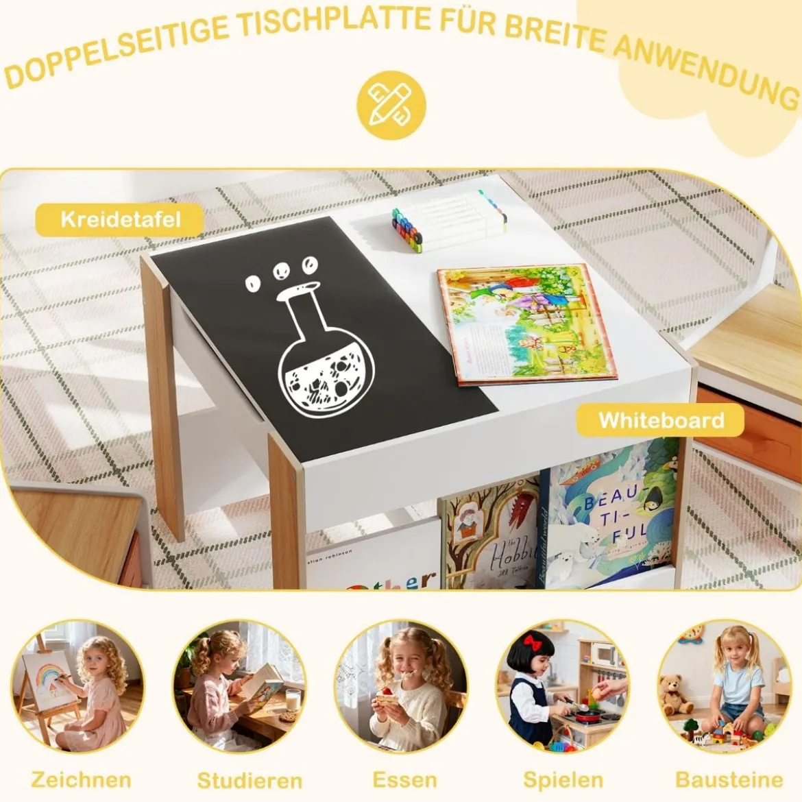 4 in 1 Kinder Tisch- & Stuhl-Set mit Doppelseitigen Tischplatten & Seitlichen Bücherregalen Natur