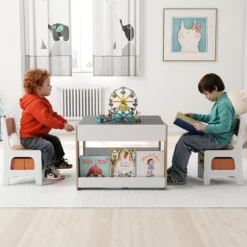 4 in 1 Kinder Tisch- & Stuhl-Set mit Doppelseitigen Tischplatten & Seitlichen Bücherregalen Natur