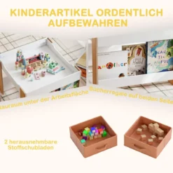 4 in 1 Kinder Tisch- & Stuhl-Set mit Doppelseitigen Tischplatten & Seitlichen Bücherregalen Natur