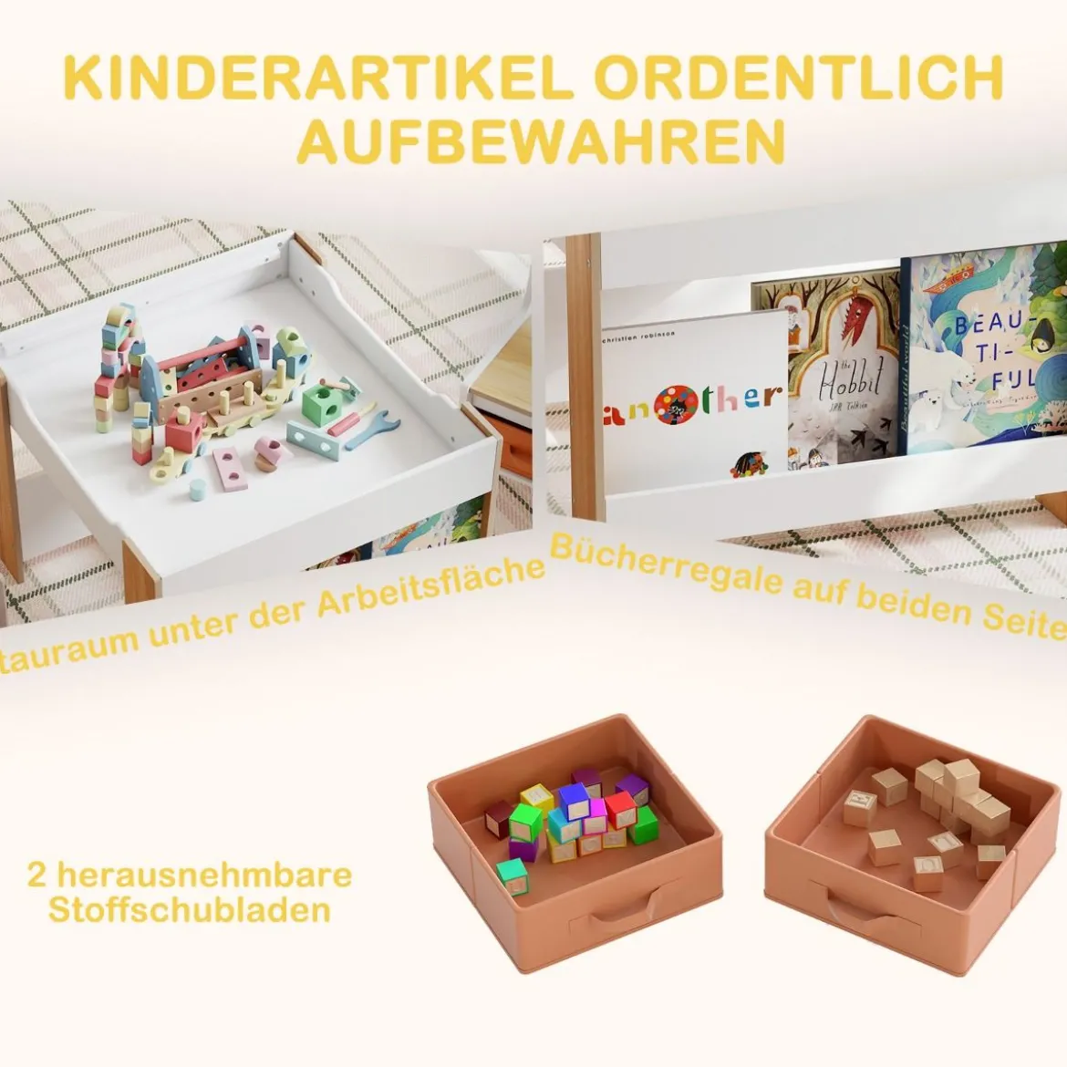 4 in 1 Kinder Tisch- & Stuhl-Set mit Doppelseitigen Tischplatten & Seitlichen Bücherregalen Natur