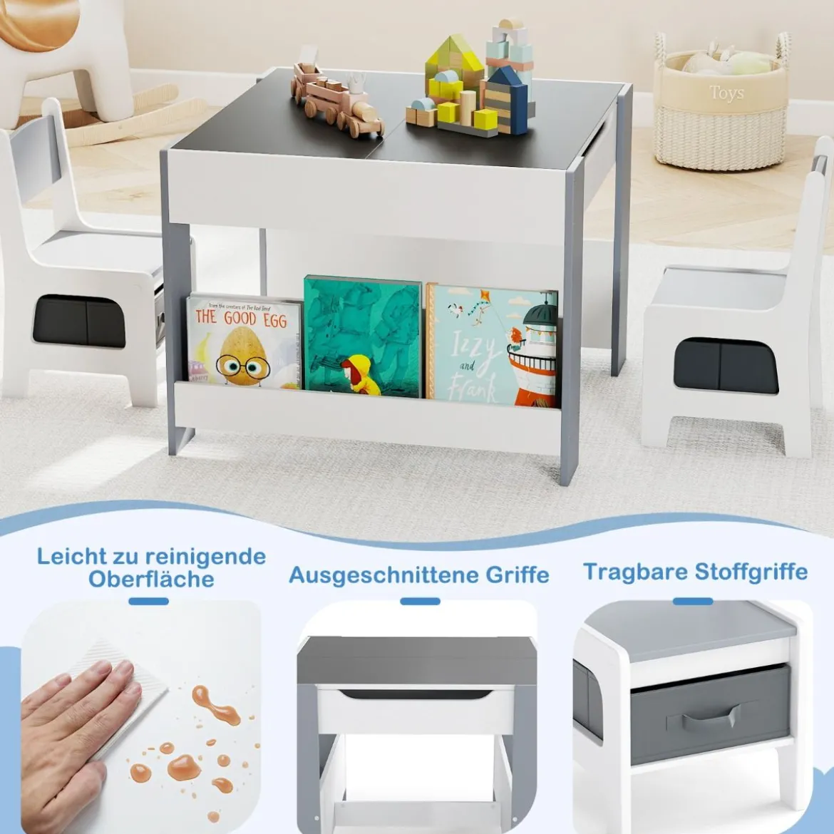 4 in1 Kinder Tisch- & Stuhl-Set mit Doppelseitigen Tischplatten & Seitlichen Bücherregalen Grau