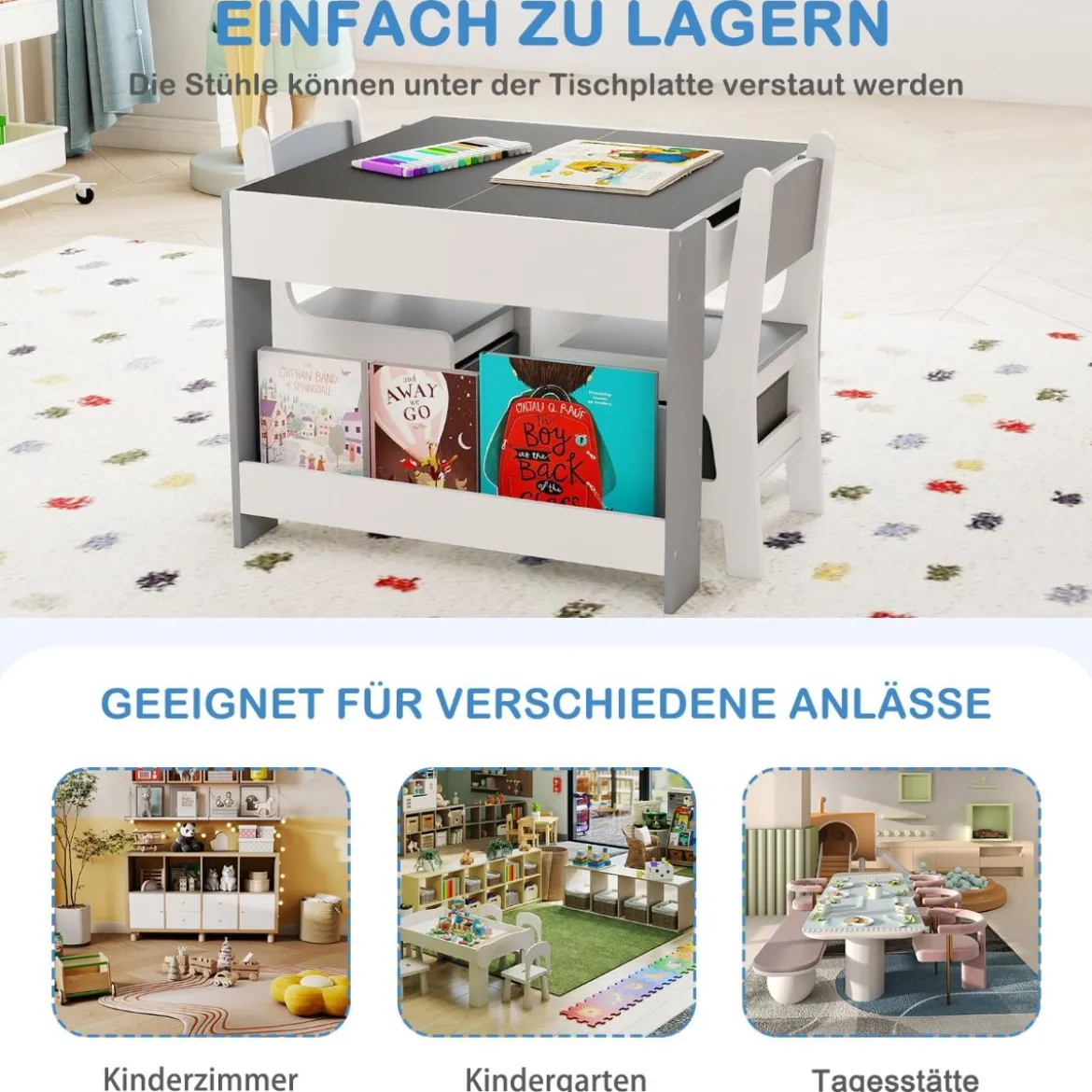 4 in1 Kinder Tisch- & Stuhl-Set mit Doppelseitigen Tischplatten & Seitlichen Bücherregalen Grau