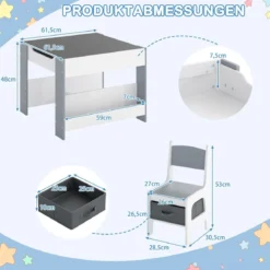 4 in1 Kinder Tisch- & Stuhl-Set mit Doppelseitigen Tischplatten & Seitlichen Bücherregalen Grau
