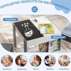 4 in1 Kinder Tisch- & Stuhl-Set mit Doppelseitigen Tischplatten & Seitlichen Bücherregalen Grau