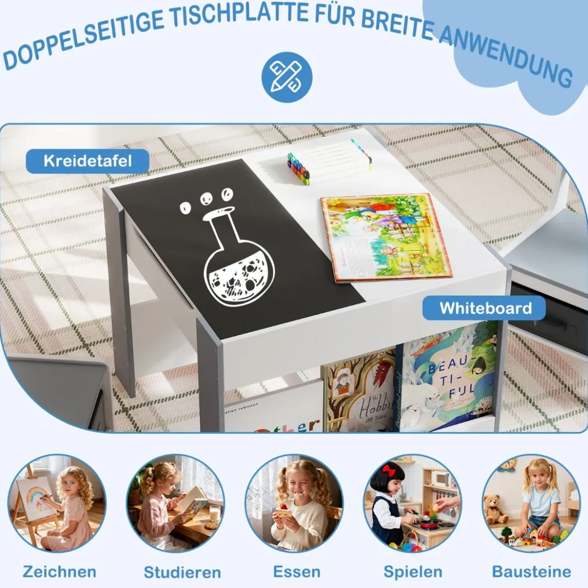 4 in1 Kinder Tisch- & Stuhl-Set mit Doppelseitigen Tischplatten & Seitlichen Bücherregalen Grau