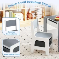 4 in1 Kinder Tisch- & Stuhl-Set mit Doppelseitigen Tischplatten & Seitlichen Bücherregalen Grau