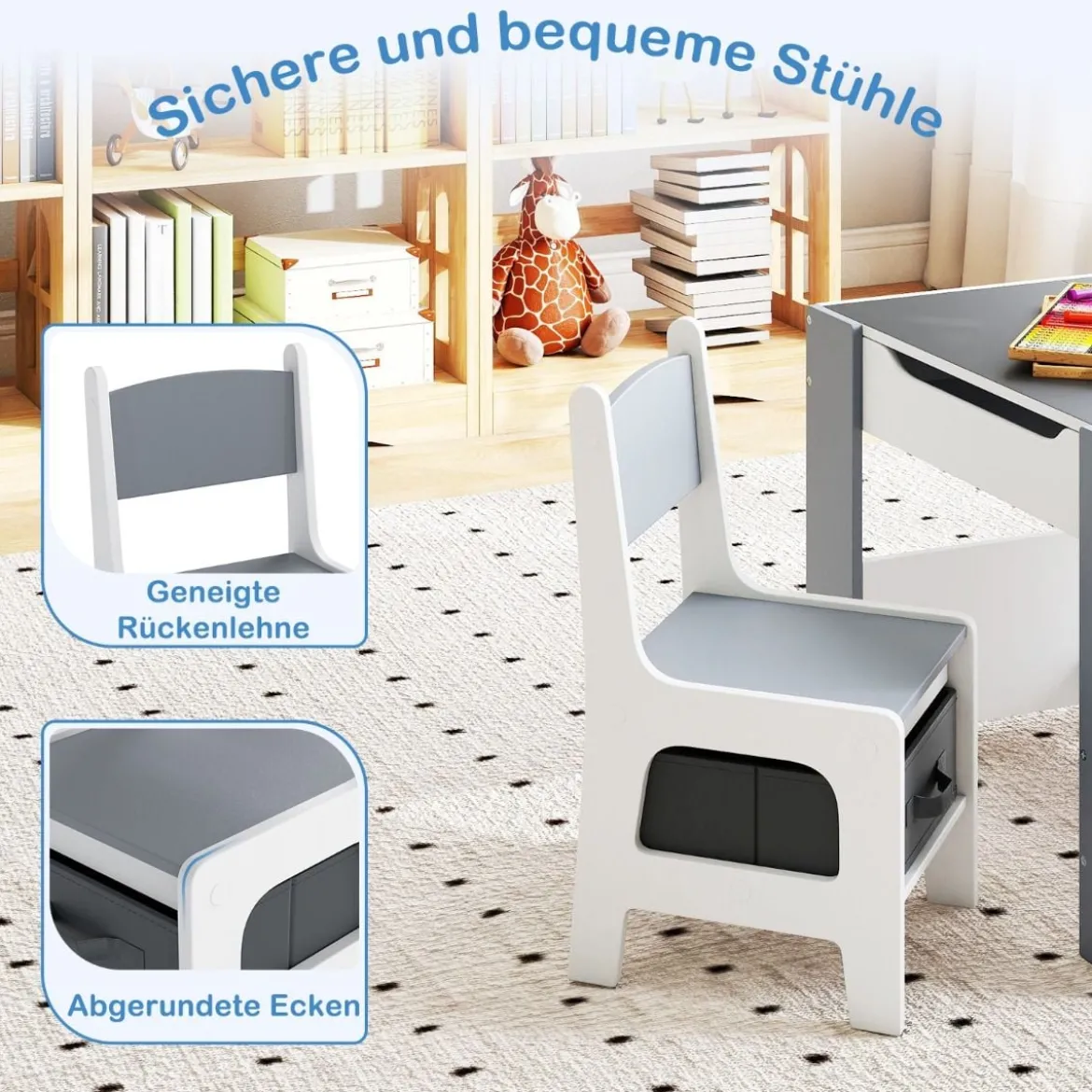 4 in1 Kinder Tisch- & Stuhl-Set mit Doppelseitigen Tischplatten & Seitlichen Bücherregalen Grau