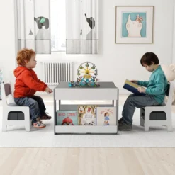 4 in1 Kinder Tisch- & Stuhl-Set mit Doppelseitigen Tischplatten & Seitlichen Bücherregalen Grau