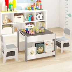 4 in1 Kinder Tisch- & Stuhl-Set mit Doppelseitigen Tischplatten & Seitlichen Bücherregalen Grau