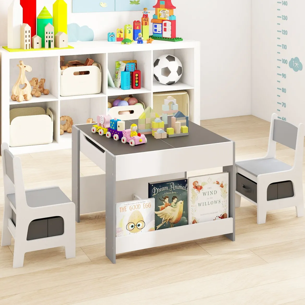 4 in1 Kinder Tisch- & Stuhl-Set mit Doppelseitigen Tischplatten & Seitlichen Bücherregalen Grau