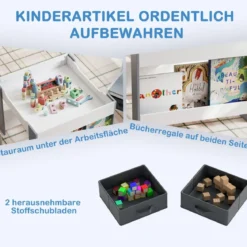 4 in1 Kinder Tisch- & Stuhl-Set mit Doppelseitigen Tischplatten & Seitlichen Bücherregalen Grau