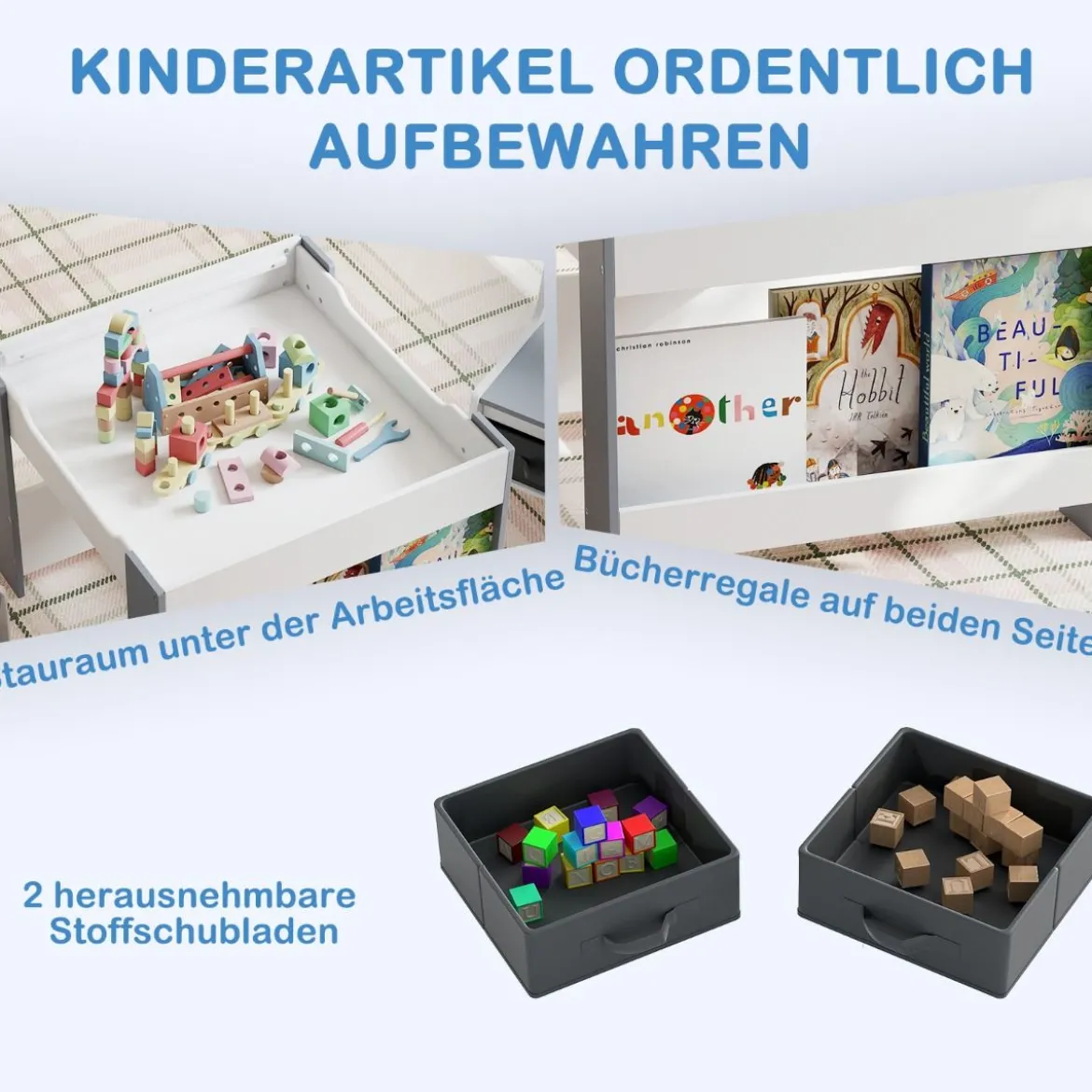 4 in1 Kinder Tisch- & Stuhl-Set mit Doppelseitigen Tischplatten & Seitlichen Bücherregalen Grau