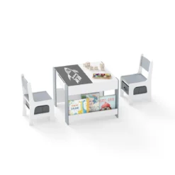 4 in1 Kinder Tisch- & Stuhl-Set mit Doppelseitigen Tischplatten & Seitlichen Bücherregalen Grau