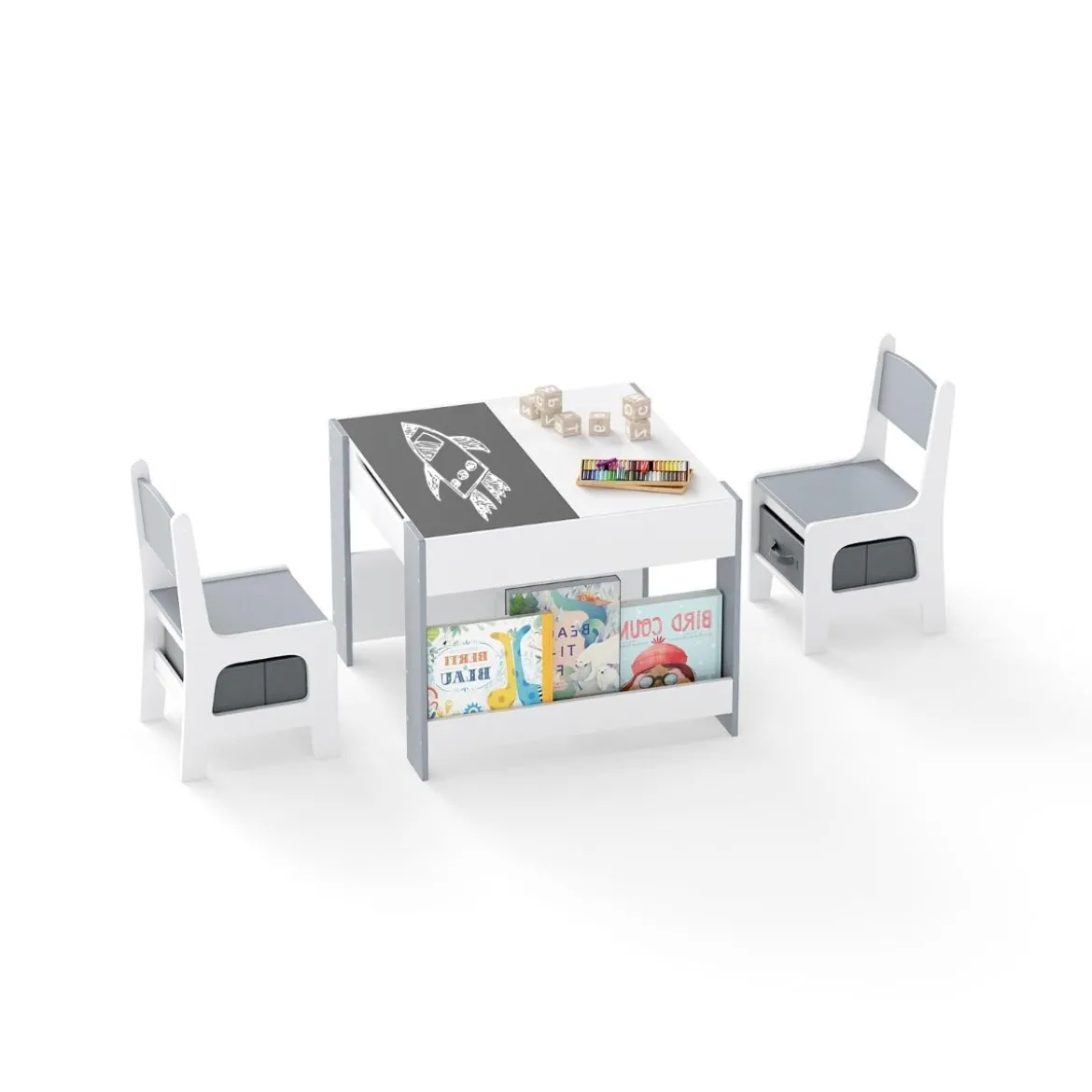 4 in1 Kinder Tisch- & Stuhl-Set mit Doppelseitigen Tischplatten & Seitlichen Bücherregalen Grau