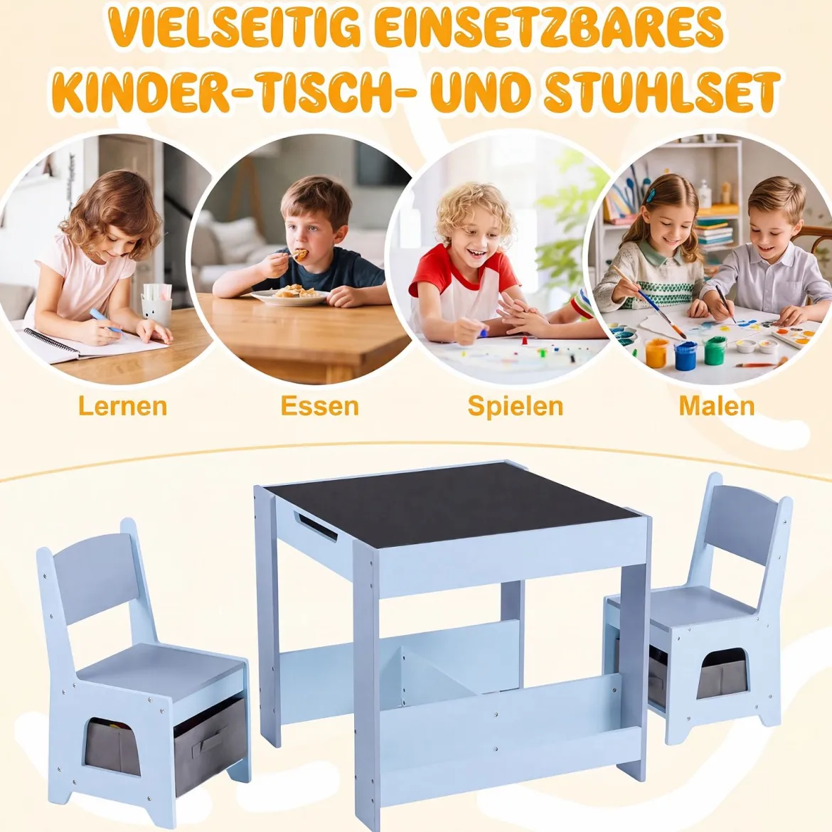 4 in 1 Kinder Tisch- & Stuhlset mit Wendem Tischplatte & Bücherregale Kindertisch-Set