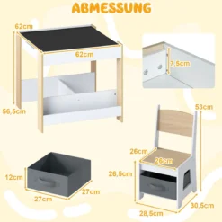 4 in 1 Kinder Tisch- & Stuhlset mit Wendem Tischplatte & Bücherregale Kindertisch-Set