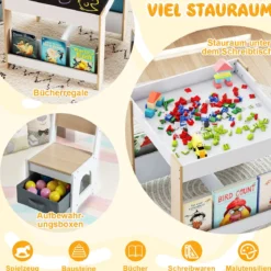 4 in 1 Kinder Tisch- & Stuhlset mit Wendem Tischplatte & Bücherregale Kindertisch-Set