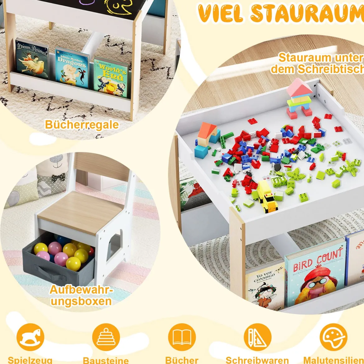 4 in 1 Kinder Tisch- & Stuhlset mit Wendem Tischplatte & Bücherregale Kindertisch-Set