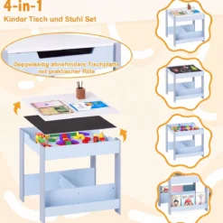 4 in 1 Kinder Tisch- & Stuhlset mit Wendem Tischplatte & Bücherregale Kindertisch-Set