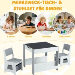 4 in 1 Kinder Tisch- & Stuhlset mit Wendem Tischplatte & Bücherregale Kindertisch-Set