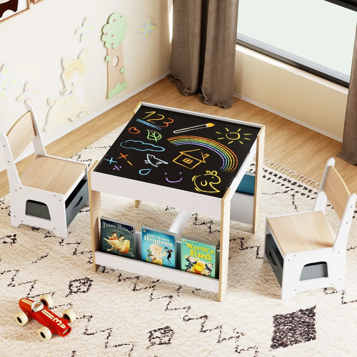 4 in 1 Kinder Tisch- & Stuhlset mit Wendem Tischplatte & Bücherregale Kindertisch-Set