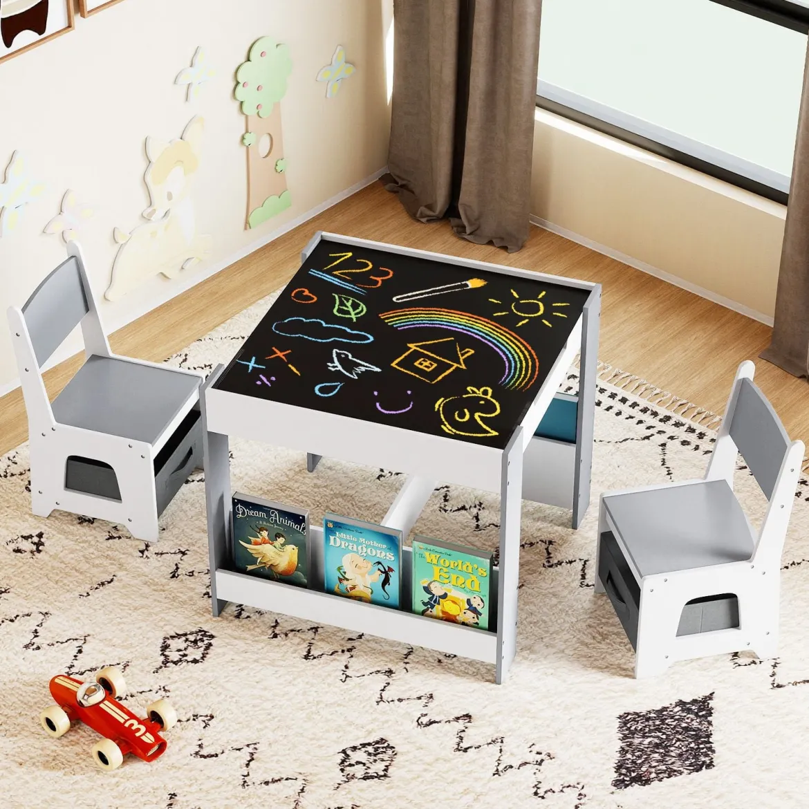 4 in 1 Kinder Tisch- & Stuhlset mit Wendem Tischplatte & Bücherregale Kindertisch-Set