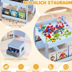 4 in 1 Kinder Tisch- & Stuhlset mit Wendem Tischplatte & Bücherregale Kindertisch-Set
