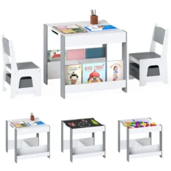 4 in 1 Kinder Tisch- & Stuhlset mit Wendem Tischplatte & Bücherregale Kindertisch-Set