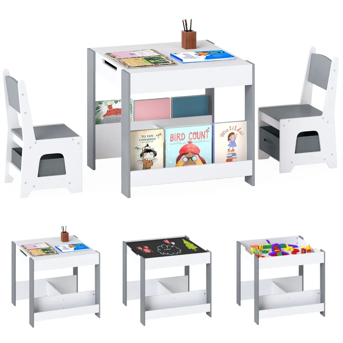 4 in 1 Kinder Tisch- & Stuhlset mit Wendem Tischplatte & Bücherregale Kindertisch-Set