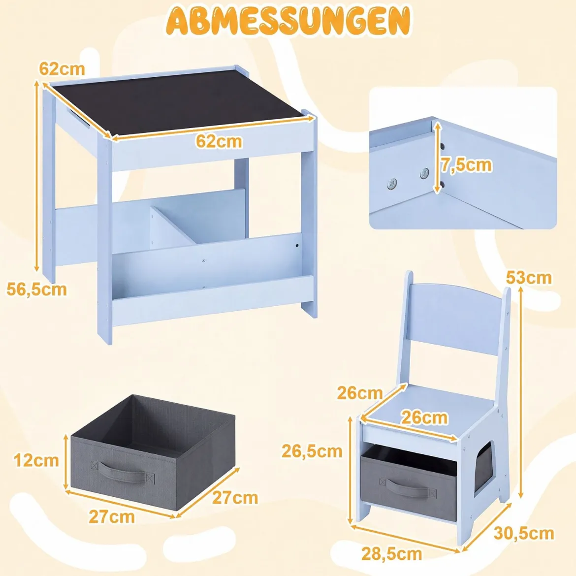 4 in 1 Kinder Tisch- & Stuhlset mit Wendem Tischplatte & Bücherregale Kindertisch-Set