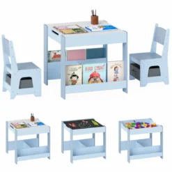 4 in 1 Kinder Tisch- & Stuhlset mit Wendem Tischplatte & Bücherregale Kindertisch-Set