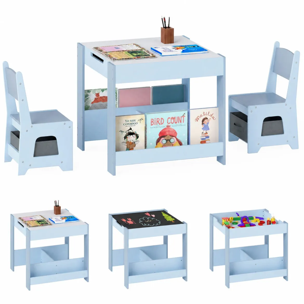 4 in 1 Kinder Tisch- & Stuhlset mit Wendem Tischplatte & Bücherregale Kindertisch-Set