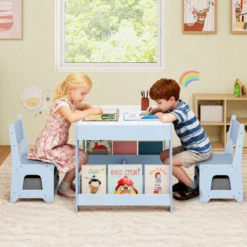 4 in 1 Kinder Tisch- & Stuhlset mit Wendem Tischplatte & Bücherregale Kindertisch-Set