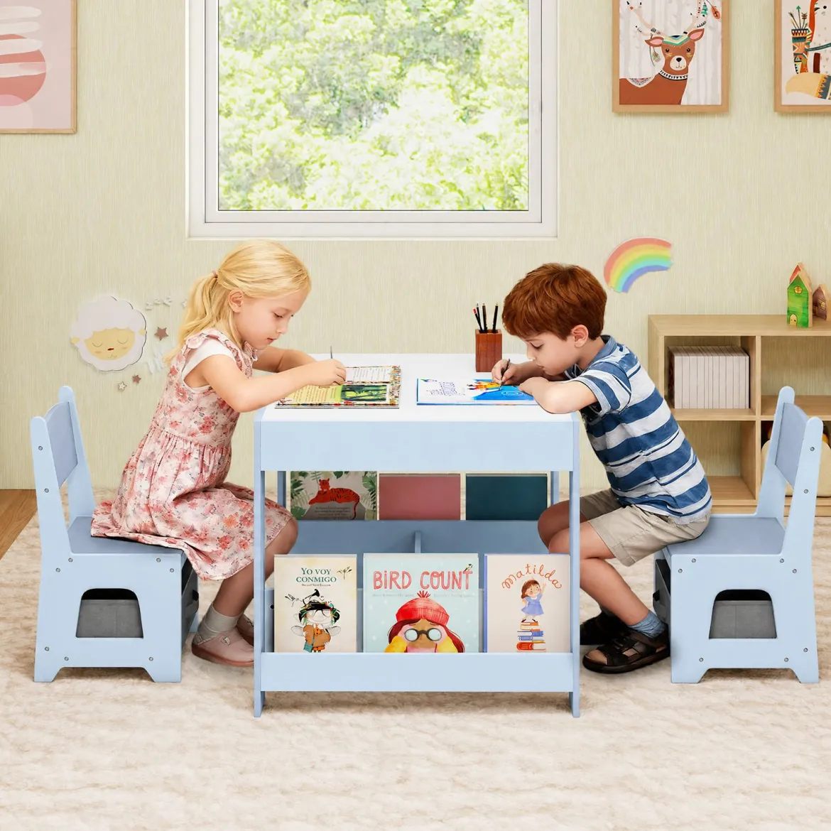 4 in 1 Kinder Tisch- & Stuhlset mit Wendem Tischplatte & Bücherregale Kindertisch-Set