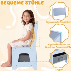 4 in 1 Kinder Tisch- & Stuhlset mit Wendem Tischplatte & Bücherregale Kindertisch-Set