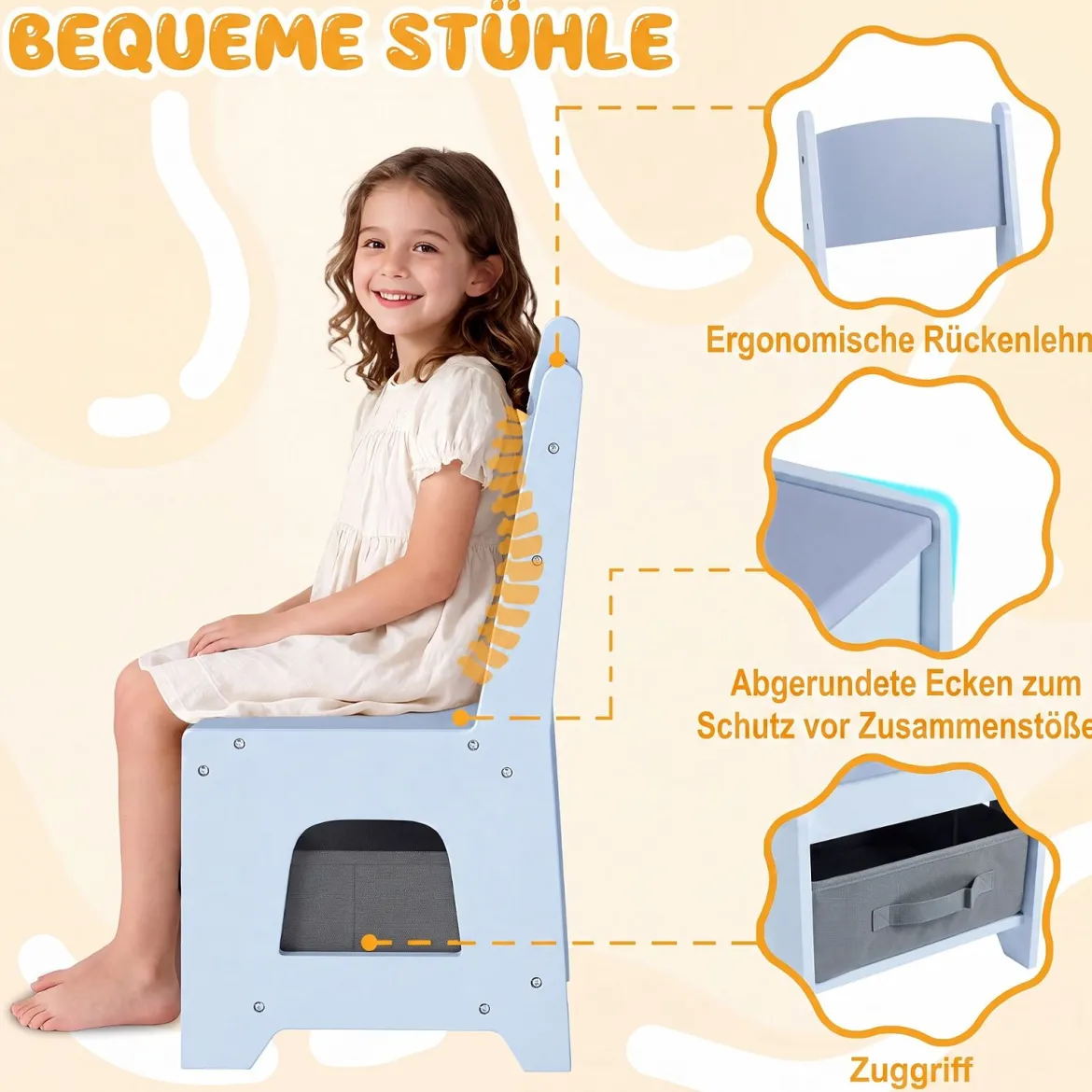 4 in 1 Kinder Tisch- & Stuhlset mit Wendem Tischplatte & Bücherregale Kindertisch-Set