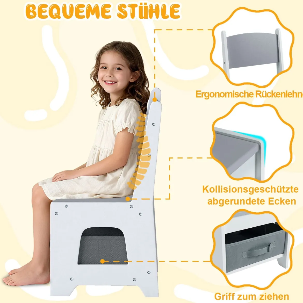 4 in 1 Kinder Tisch- & Stuhlset mit Wendem Tischplatte & Bücherregale Kindertisch-Set