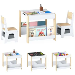 4 in 1 Kinder Tisch- & Stuhlset mit Wendem Tischplatte & Bücherregale Kindertisch-Set