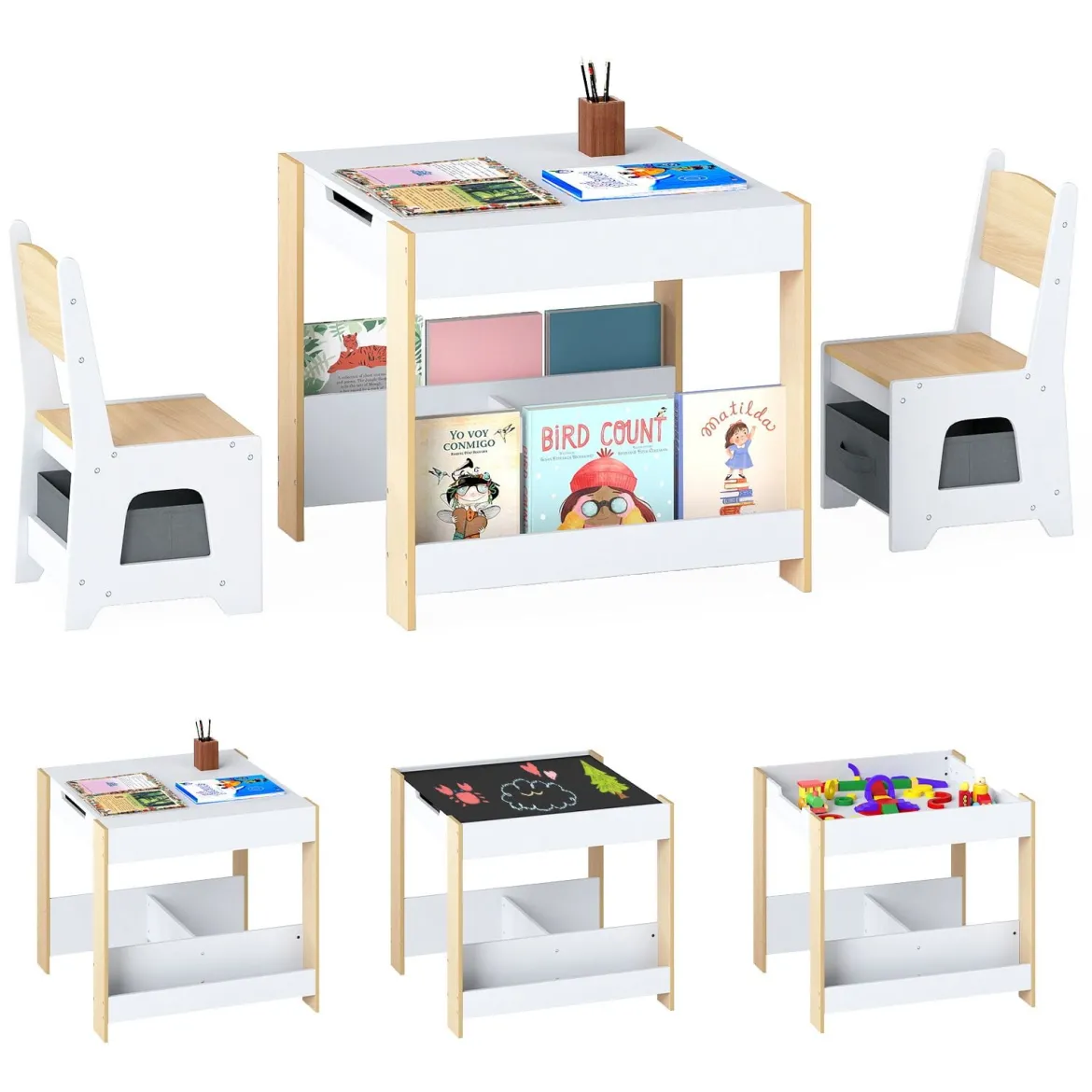4 in 1 Kinder Tisch- & Stuhlset mit Wendem Tischplatte & Bücherregale Kindertisch-Set