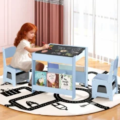 4 in 1 Kinder Tisch- & Stuhlset mit Wendem Tischplatte & Bücherregale Kindertisch-Set